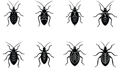 A vector set of diverse insect and bug silhouettes including ant, spider, fly, mosquito, beetle, bee, butterfly, and dragonfly designs for nature animal pattern collections