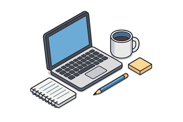 Workspace setup with laptop, coffee mug, notepad, and pencil for productive work session