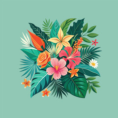 Palm and Hibiscus Arrangement in Flat Vector Art