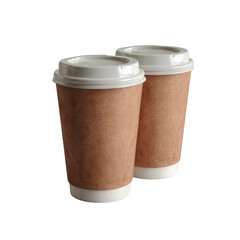 Two paper coffee cups with lids, showcasing a brown textured design, perfect for takeaway beverages. Ideal for coffee shop branding or lifestyle imagery.