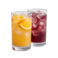 Two refreshing drinks in glasses, one orange juice with ice and a slice of orange, and one dark berry beverage with ice. Ideal for summer and social gatherings.