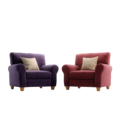 Two stylish armchairs in purple and red, each adorned with a cozy beige pillow, perfect for enhancing modern living spaces.