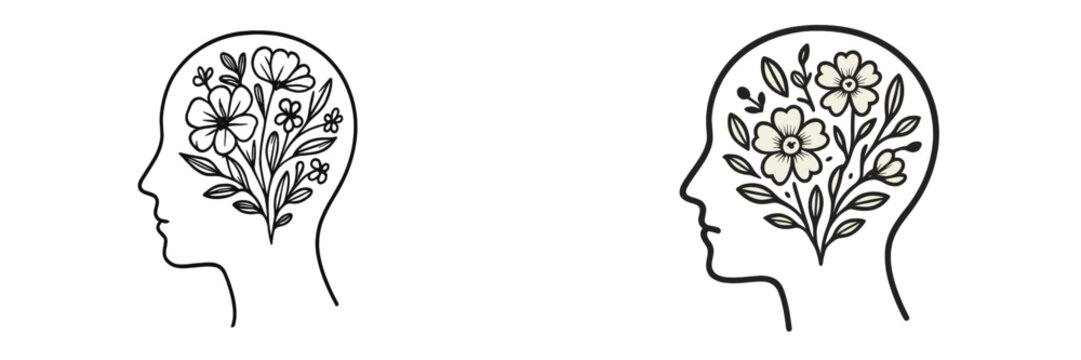 Creative human silhouettes filled with floral designs showcasing the beauty of nature and mental health