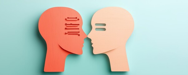 economy growth efficiency concept. Two abstract wooden faces nearing each other, representing connection and communication.