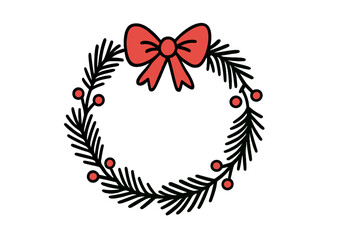 Festive holiday wreath design featuring evergreen branches and a red bow