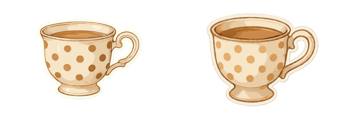 Two decorative cups with polka dots filled with steaming beverage on a plain background