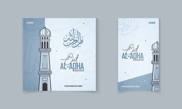 Eid Al Adha mubarak social media post and story design template with mosque, islamic pattern vector