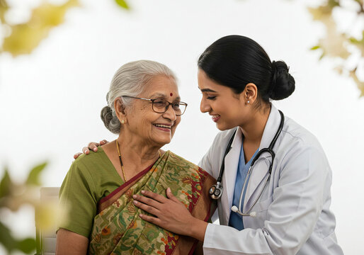 Caring Female Doctor Comforting Elderly Indian Patient Outdoors, Healthcare Support