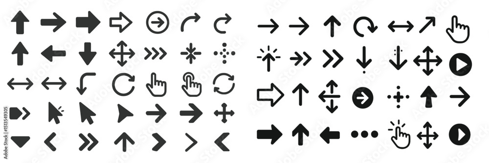 Poster collection of directional and interactive icons for web design and user navigation applications