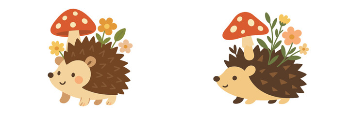 Cute hedgehogs with mushrooms and flowers in a whimsical nature setting showcasing playful charm and creativity