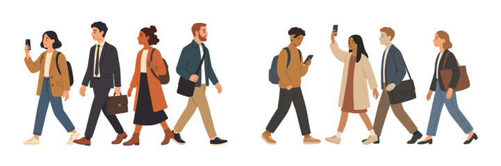 People walking in a city setting, engaged in conversations and using smartphones during a busy afternoon