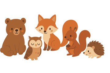 Cute woodland animals gathered together in a playful forest gathering during a sunny day