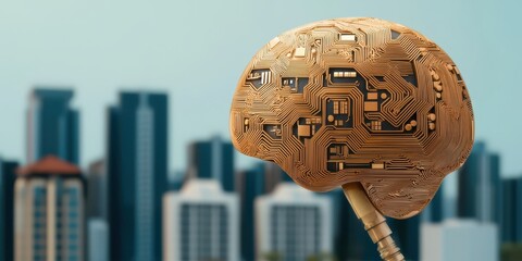 economy growth efficiency concept. Futuristic brain sculpture with circuitry overlay against a city skyline backdrop.