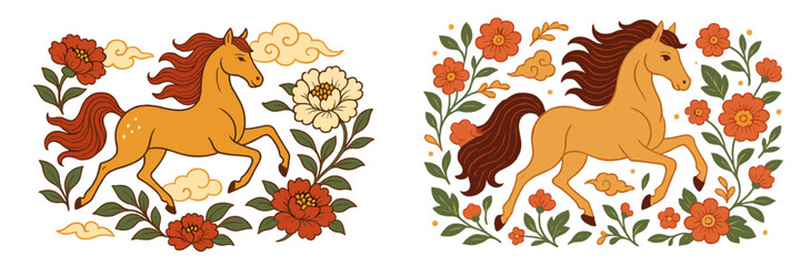 Colorful floral design featuring galloping horses amidst greenery and clouds in a whimsical artistic style