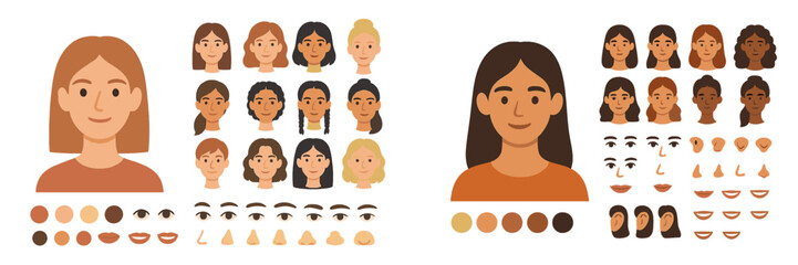 Digital character design featuring diverse hairstyles and facial features for animation or gaming projects