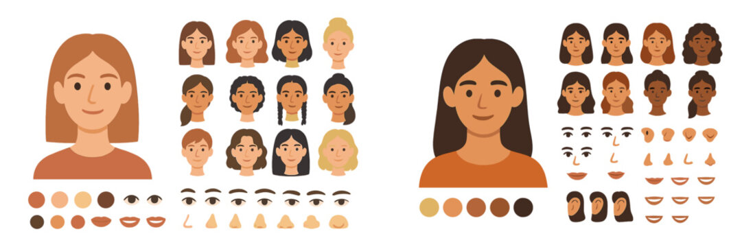 Digital character design featuring diverse hairstyles and facial features for animation or gaming projects