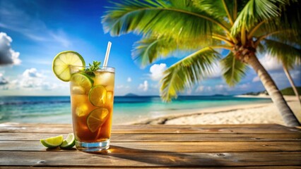 Obraz premium Refreshing Iced Tea Cocktail on Wooden Deck Overlooking Tropical Beach Paradise
