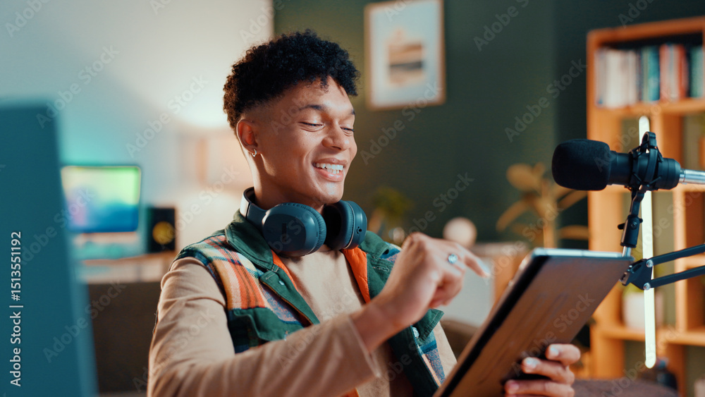 Aufkleber Man, streamer and tablet in home with smile, mic and typing with script editing for video production. Gen z influencer, happy and app for chat, click and subscription list on social media at house
