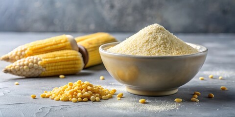 Fototapeta premium A Bowl of Fine Cornmeal with Fresh Corn and Kernels on a Gray Surface