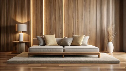 Serene Minimalist Living Room Design with Warm Wood Accents and Neutral Textiles