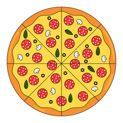 A Mouthwatering Illustration of a Cheesy Pizza Slice with Melting Toppings – Fresh Out of the Oven, Classic Italian Pizza.