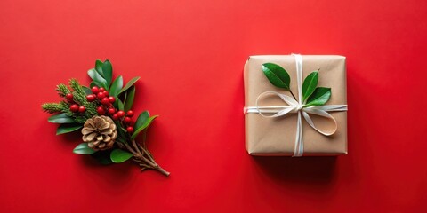 Fototapeta premium A Festive Present and Winter Botanicals Arranged on a Vibrant Red Background