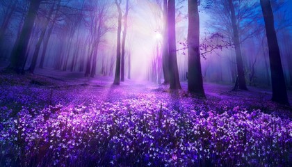 fairy purple forest at night fantasy glowing flowers and lights ai generated