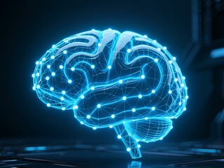 Futuristic Digital Brain Illustration with Glowing Neural Network Connections on Dark Tech Background