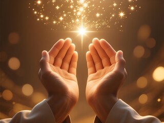 Spiritual Hands Reaching Light with Glowing Blessing Sparks in Mystical Islamic Background Concept