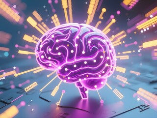 Top View Futuristic Digital Brain with Neon Neural Network and Data Burst on Abstract Tech Background