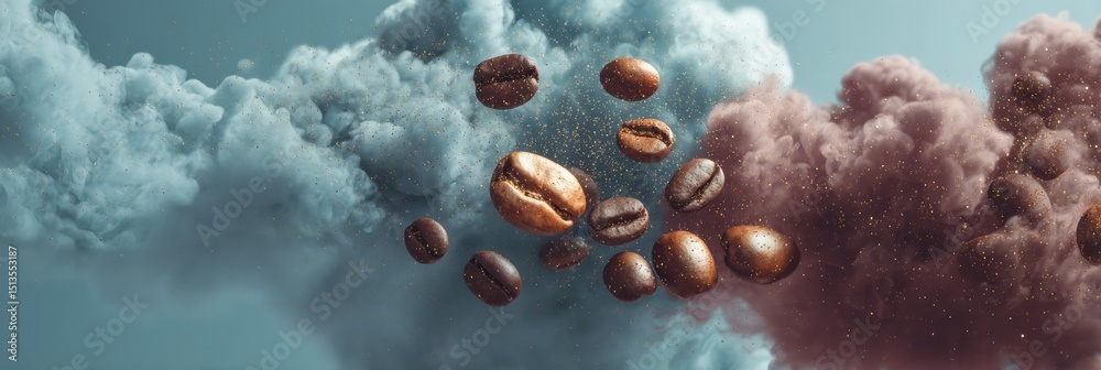Aufkleber Floating Caffeine Molecules Blend Into Tranquil Clouds Creating a Serene View of Relaxation and Energy
