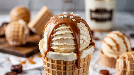 Indulgent ice cream cone topped with caramel sauce and nuts, perfect for a warm summer day.