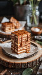 Decadent layered dessert with caramel drizzle served on rustic wooden plate in cozy kitchen setting.