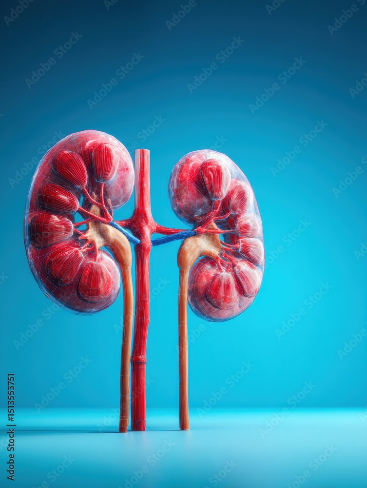 Aufkleber realistic 3d render of healthy human kidneys against a clean blue background with upper space left e