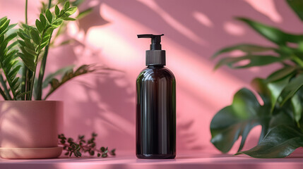 high-contrast black pump bottle on blush pink surface with circular shadow 