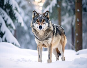 Obraz premium Grey Wolf Staring in a Snowy Forest 