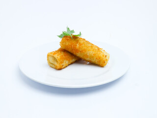 Two pieces of crispy risol mayo served on a clean white plate, isolated on a white background. Ideal for food advertising, menu design, or culinary content