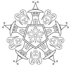 A scary Halloween mandala with haunted houses, skulls, ghosts, and gravestones forming a symmetrical pattern - Transparent PNG