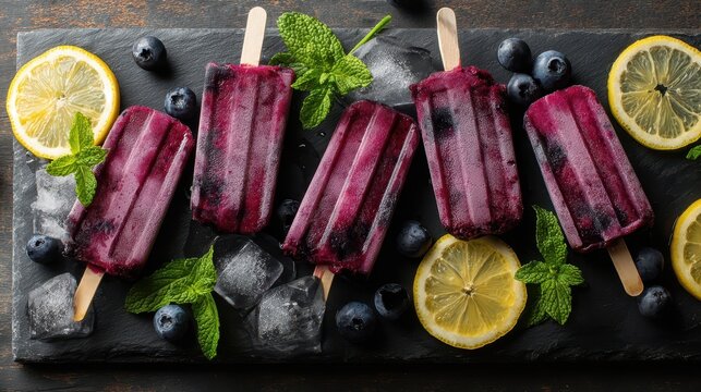 Blueberry lemonade popsicles on slate with mint and lemon