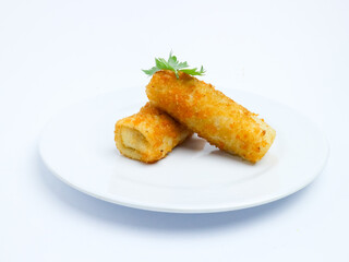 Two pieces of crispy risol mayo served on a clean white plate, isolated on a white background. Ideal for food advertising, menu design, or culinary content