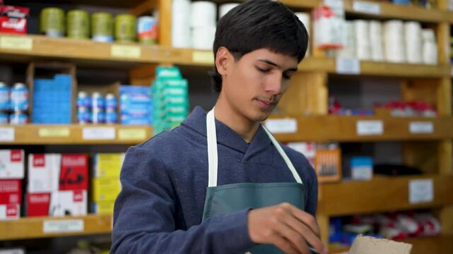 Young latin american sales assistant carefully examines and packs small components in a cardboard box, ensuring order and efficiency within a hardware store environment