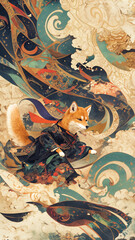 黄金の円と緻密な雲の文様が調和する構図に柴犬の凛々しい姿を描いた幻想和風イラスト素材｜高解像度装飾画像