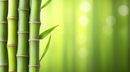 Close-up of vibrant green bamboo stalks, fresh leaves