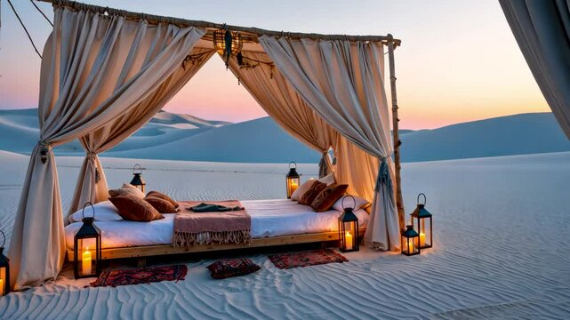 Romantic canopy bed setup on beach at sunset with lanterns, pillows, and soft white curtains blowing in breeze