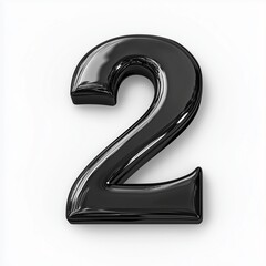 Number font 2 shaped from shiny black plastic letter, isolated white