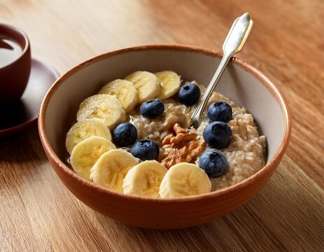 Warm oatmeal bowl topped with sliced bananas, blueberries, walnuts and honey - Powered by Adobe