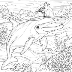 Obraz premium Seagull on a dolphin.Coloring book antistress for children and adults. 