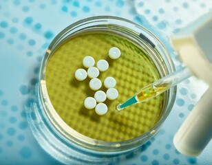 Scientist dropping liquid on antibiotic pills in petri dish using pipette during pharmaceutical research with ai