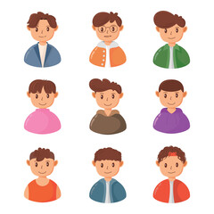 set of A flat-style male avatar illustration featuring a smiling young man with brown hair