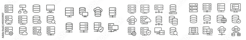 Poster collection of line icons representing various aspects of data management and server architecture in 